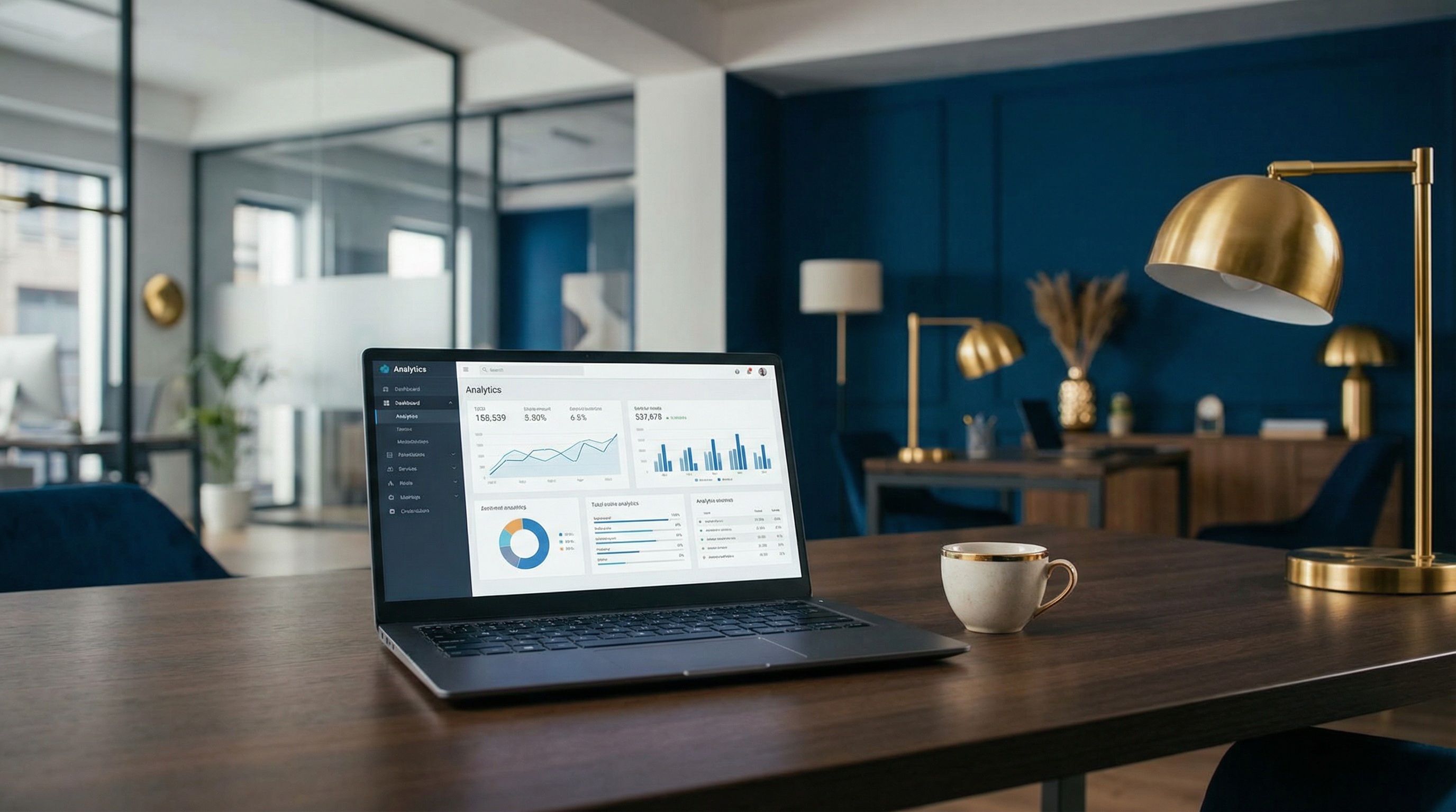 Espace de travail marketing digital avec tableau de bord analytique